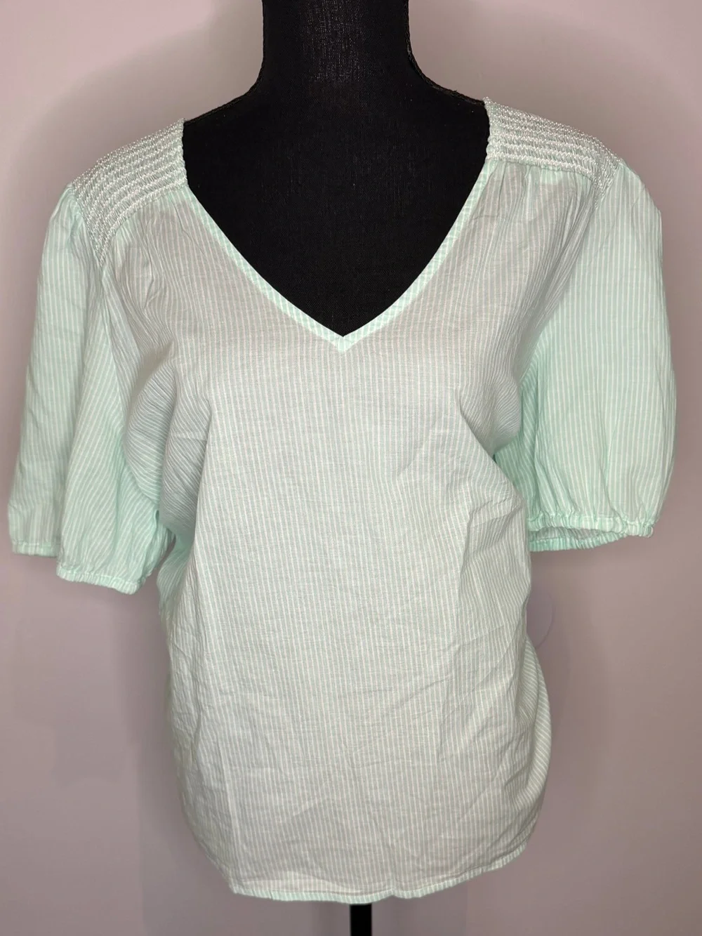 New J. Crew Cotton V-Neck Green Pinstripe Puff Sleeve Cotton Top - Size XL